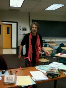 Stuart festooned with word tickets, 1.12.11